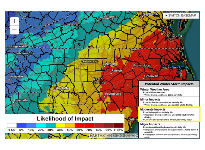 The likelihood of moderate impacts (expect disruptions to daily life) Saturday and Saturday night is 30-60% for the entire forecast area, highest in the east.