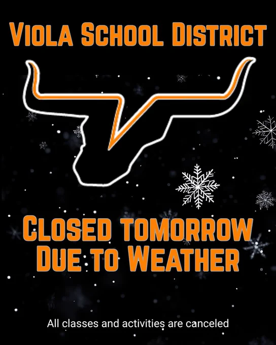 Image saying school is closed tomorrow due to weather. Image includes longhorn logo on a black background with orange letters.