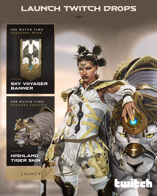Highguard Launch Twitch Drops graphic featuring a character in ornate white and gold armor with intricate gold face markings and a jeweled headpiece, standing confidently beside a majestic white tiger companion wearing matching gold-accented armor. The left side displays two reward tiers: the Sky Voyager Banner (1 hour watch time, category wide) showing an art deco-style vertical banner design, and the Highland Tiger Skin (2 hours watch time, channel specific) showing the armored tiger mount. A gold "Launch" banner and Twitch logo appear at the bottom.