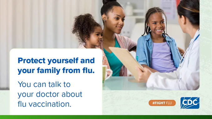 A healthcare provider speaking to a parent and children. 
Overlay text reads “Protect yourself and your family from flu. You can talk to your doctor about flu vaccination.” 
The hashtag Fight Flu and CDC logos are on the bottom.