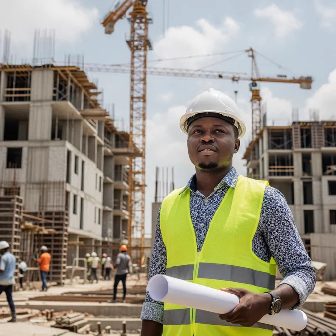 Nigerian architect wearing a safety helmet and holding rolled drawings. Standing at an active construction site. Mid shot, confident posture. Urban background. Daylight lighting. Realistic documentary style.