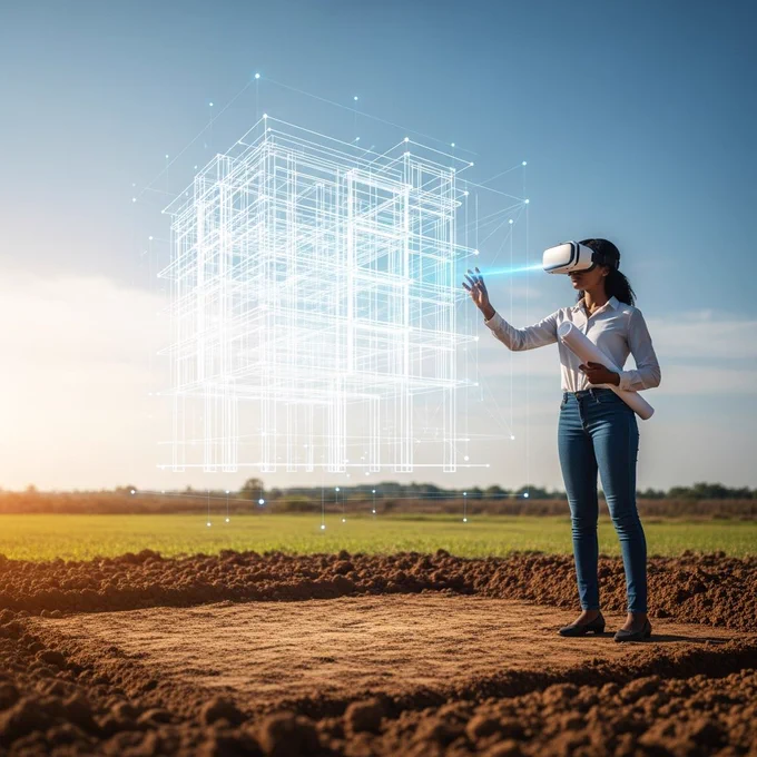 A Nigerian female architect stands on a patch of excavated brown earth, wearing a VR headset and interacting with a large, translucent wireframe model of a multi-story building floating at a distance in front of her. She wears smart-casual attire and holds blueprints under one arm. The glowing white and blue hologram shows detailed geometric lines and foundation nodes. The open field stretches into the distance under a clear blue sky. Sunlight casts a warm glow, highlighting both her and the distant holographic structure, creating a futuristic, professional, and innovative atmosphere.”