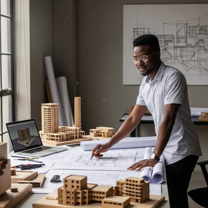 African Nigerian architect standing beside a large desk covered with blueprints and sketches. Wearing a simple shirt and glasses. Calm, focused expression. Modern studio space. Natural light from the side. Professional creative mood. High detail, realistic photography.