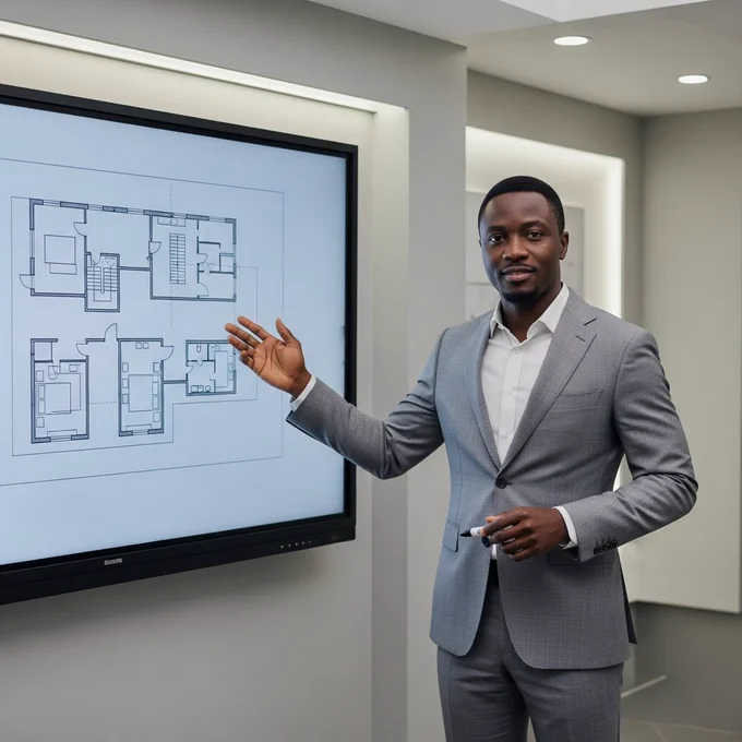 Nigerian architect standing in front of a large screen showing simple building plans. One hand gesturing, the other holding a marker. Clean studio environment. Neutral colors. Professional presentation vibe.