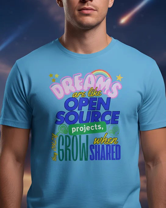 A motivational tech culture design inspired by the idea that dreams grow the same way open source projects do — through sharing, collaboration, and community. Perfect for developers, engineers, coders, and anyone who believes in building something bigger together.