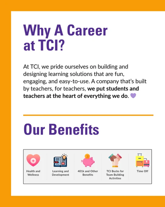 Promotional poster for TCI showcasing reasons to pursue a career at the company, highlighting benefits such as health and wellness, learning and development, 401k and other benefits, team building activities, and time off.