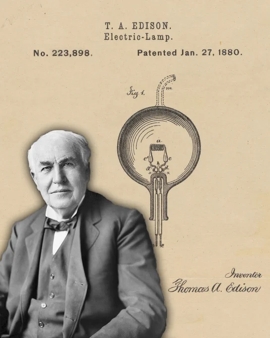 A vintage image featuring Thomas Edison with a patent illustration of an electric lamp, patented on January 27, 1880, displayed above his portrait. Edison is depicted in formal attire with a signed inscription below.