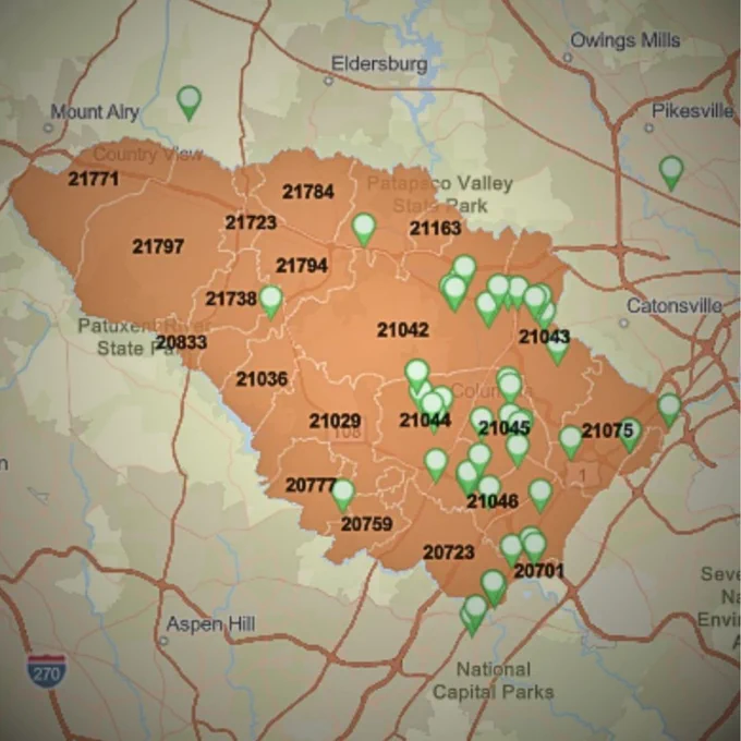 A map of Howard County has green pins that show low-cost, accessible food and nutrition resources.