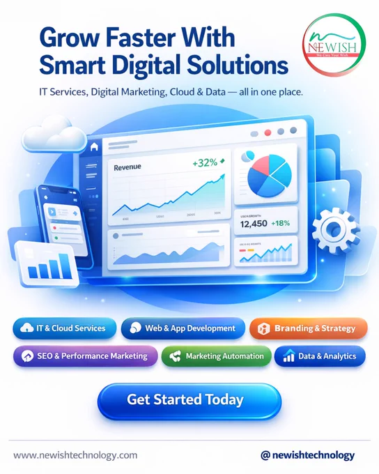 Grow Faster With Smart Digital Solutions | Newish Technology

What does your business need today to grow faster and stay competitive in a digital-first world?
Smart technology, data-driven marketing, and scalable IT solutions — all working together.

At Newish Technology, we provide complete IT Services, Digital Marketing, Cloud & Data solutions designed to support modern businesses at every stage of growth.

📊 From improving online presence and brand visibility
to building powerful web & app platforms, automating marketing,
and using data analytics to drive smarter decisions — everything is covered in one place.

✨ Understand how smart digital solutions can improve performance,
optimize operations, and help your business move forward with confidence.

Explore solutions like IT & Cloud Services, Web & App Development, Branding & Strategy, SEO & Performance Marketing, Marketing Automation, and Data Analytics — built for sustainable growth.