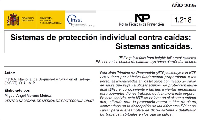 Documento titulado Nota Técnica de Preveción "Sistemas de protección individual contra caídas: Sistemas anticaídas", emitido por el INSST en 2025.