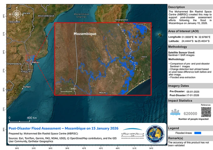 Flood map of Mozambique. The map uses Sentinel-1 data acquired on 17 January to estimate flooded areas.