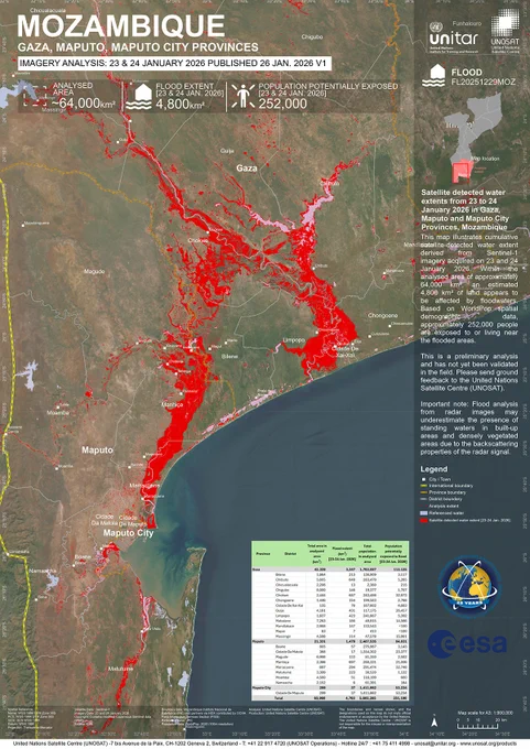 Flood map of the Gaza and Maputo Provinces in Mozambique. The map uses Sentinel-1 data acquired on 23 and 24 January to estimate flooded areas.