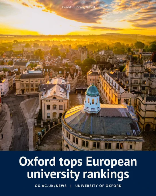 Sunrise aerial view of Oxford’s historic city centre with a headline announcing Oxford’s top ranking in Europe.