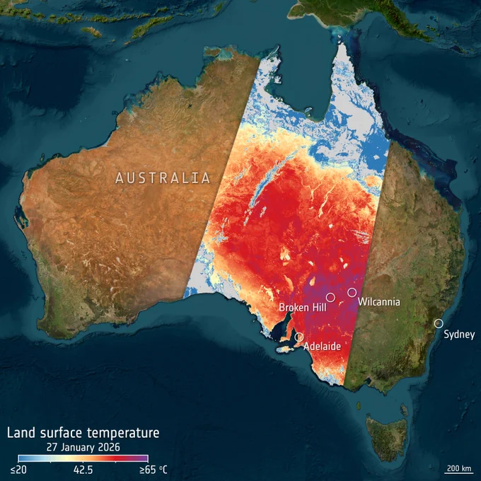 a land surface map of Australia created with data from the Copernicus Sentinel-3 satellite on 27 January. 
The map uses thermal data to highlight the severity of the ongoing heatwave across Australia, with extreme land surface temperatures (LST) detected over large regions.
For example, in Willcania and Broken Hill, recorded land surface temperatures ranged between 58 and 60 °C, whereas Adelaide appeared cooler, with temperatures of 45–48 °C, likely due to its proximity to the sea.