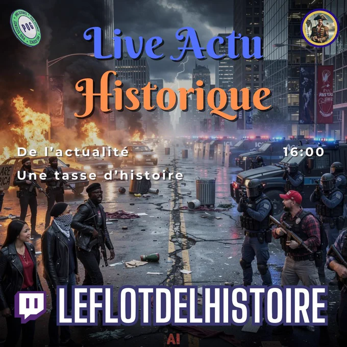 Émeute urbaine nocturne, policiers anti-émeute face à manifestants, voitures en feu, ciel orageux, tons sombres, lumière vive des flammes, ambiance chaotique et tendue.
