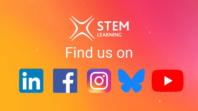 The STEM logo at the top. Text that says 'Find us on.' Below it are the logos for LinkedIn, Facebook, Instagram, Blusky, and YouTube.