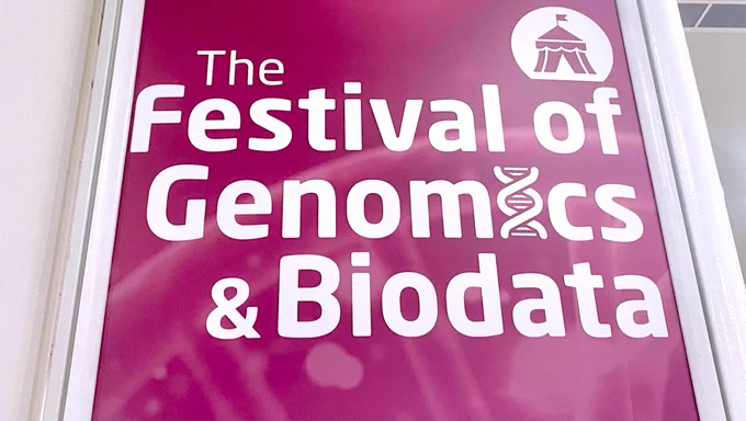 Photographs of the Festival of Genomics banner and Genome Dome session agenda.