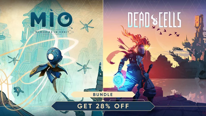 Promotional bundle image offering 28% off, with a split image of MIO: Memories in Orbit on the left and Dead Cells on the right.