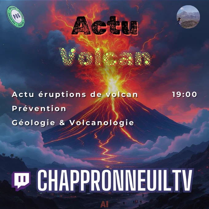 Volcan en éruption rougeoyant, "Actu Volcan" texturé, logo Twitch, ciel orageux, ambiance dramatique, éclairage vif, composition dynamique, perspective plongeante, tons sombres prédominants.
