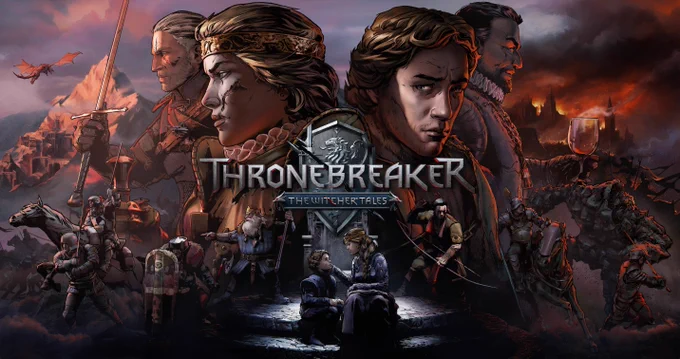 Cover artwork for "Thronebreaker: The Witcher Tales" featuring Queen Meve on the left and Villem to the right. Below them are younger versions of Meve and Villem in front of a throne, plus Brouver Hoog, and Eldain alongside the game’s logo.