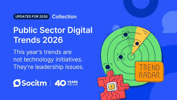 Public Sector Digital Trends 2026: Focus on leadership issues over technology. Socitm celebrates 40 years, featuring a trend radar graphic.