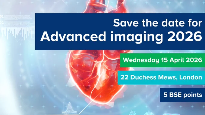 A graphic of the heart surrounded with different imaging modalities with banners with the event information