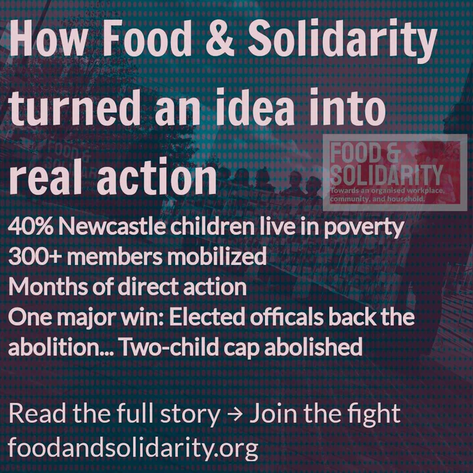 Campaign graphic for Food & Solidarity with a teal and red halftone-filtered photograph showing a crowd of community members at a direct action event. The background image shows people gathered together, symbolizing collective organizing. Large white bold text at top reads "How Food & Solidarity turned an idea into real action." Below are four white text statistics detailing the campaign's scope and impact: "40% Newcastle children live in poverty," "300  members mobilized," "Months of direct action," and "One major win: Elected officials back the abolition... Two-child cap abolished." In the top right corner is the Food & Solidarity logo in red on a semi-transparent background with tagline "towards an organised workplace, community, and household." At the bottom, call-to-action text reads "Read the full story → Join the fight foodandsolidarity.org"