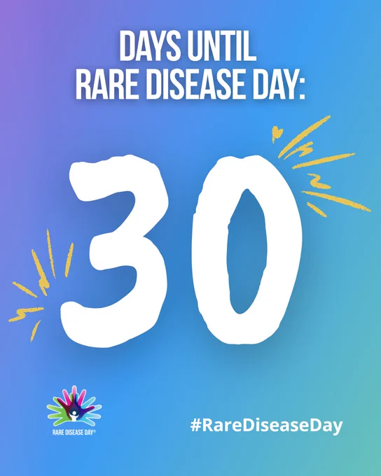 “Days until Rare Disease Day: 30.” The number “30” is large and white with yellow spark lines around it. The background is a gradient of blue and purple with the Rare Disease Day logo at the bottom and the hashtag “#RareDiseaseDay.”
