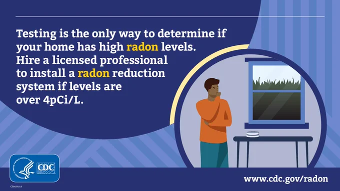 An illustration of a person standing near a window. Text reads "Testing is the only way to determine if your home has high radon levels. Hire a licensed professional to install a radon reduction system if levels are over 4 pCi/L." cdc.gov/radon is in lower right corner. 