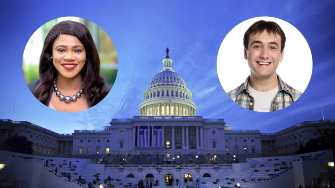 Two 2026 Knauss finalists sponsored by MIT Sea Grant, Adanna Kalejaye and Damien Berube, with the US Capitol Building in the background.