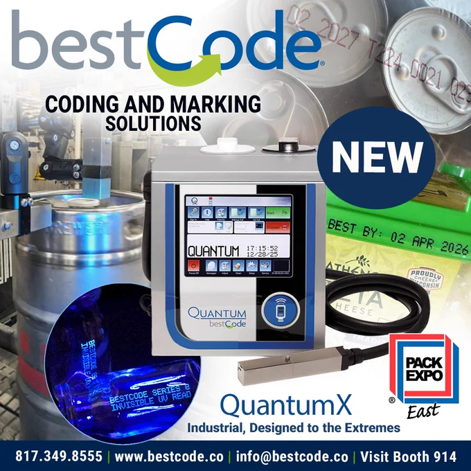 BestCode is heading to PACK EXPO East! 
Meet the BestCode team in Booth 914.
Be our guest — register for FREE to attend with our exclusive link:
https://pxe2026.nvytes.co/pxe26invite/51M68.html

Still running aging or obsolete date coders? They cost you in downtime, maintenance, and risk.

At BestCode, we help manufacturers upgrade to simple, affordable, reliable, CIJ printers that deliver:
✅ Consistent, high-quality codes
✅ Less maintenance & lower total cost
✅ Long-term support—no obsolescence worries

See the NEW QuantumX—stainless steel, designed to the extremes.
Learn about in-plant demonstrations available for your facility.
February 17-19
Philadelphia, PA

Let’s talk about replacing what’s holding your line back.
