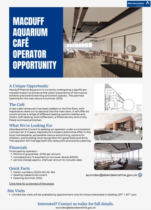 poster advertising catering tender opportunity at Macduff Marine Aquarium featuring concept art of new cafe and restaurant