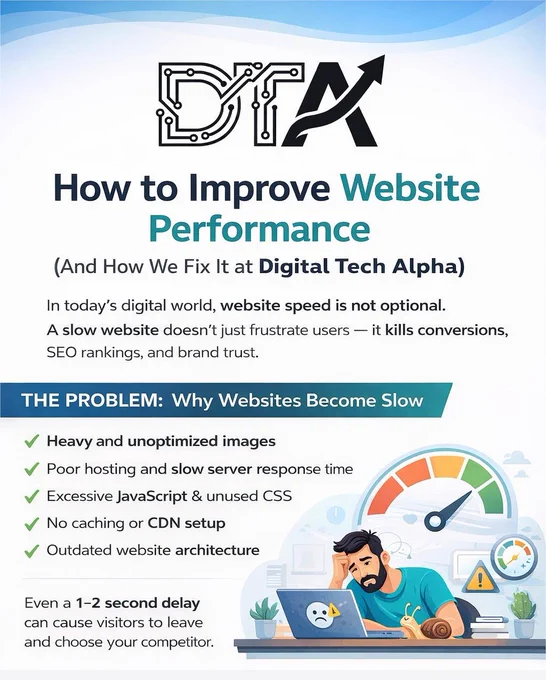 Digital Tech Alpha with upward arrow symbolizing website performance improvement and business growth