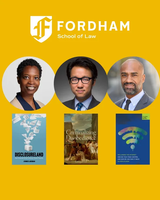 Collage featuring three headshots and three book jackets as well as the logo for Fordham Law School.