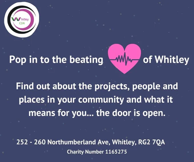 A flyer for Whitley CDA featuring the logo at the top left. The text reads: 'Pop in to the beating heart of Whitley. Find out about the projects, people, and places in your community and what it means for you... the door is open.' Below, the address is listed as '252 - 260 Northumberland Ave, Whitley, RG2 7QA,' followed by the Charity Number: 1165275. The design includes a heart icon with a heartbeat line.