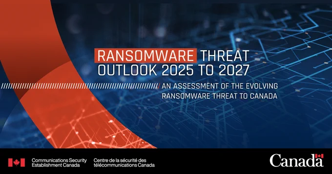A blue and orange digital background with the text "Ransomware threat outlook 2025 to 2027 - An assessment of the evolving ransomware threat to Canada."