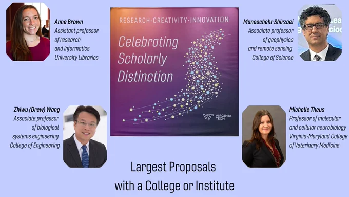 From top left: Anne Brown with University Libraries at Virginia Tech; Manoochehr Shirzaei, Virginia Tech College of Science; Zhiwu Wang, Ph.D., P.E.,  Virginia Tech College of Engineering; and Michelle Theus, PhD., Virginia-Maryland College of Veterinary Medicine for earning the largest proposals with a college or institute. 