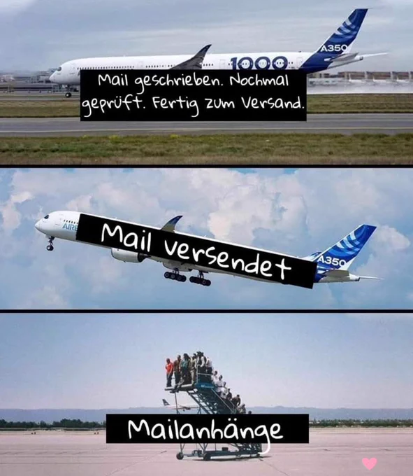 Ein Flugzeug, das als Email dargestellt wird und ohne die Email-Anhänge abhebt. 