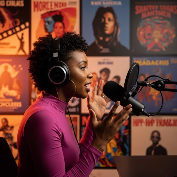 A solo african female host running an entertainment podcast, wearing headphones and speaking into a pop filter microphone, captured in a side-profile shot while gesturing mid-air, with colorful wall art of movies and music in the background, under warm vibrant lighting.