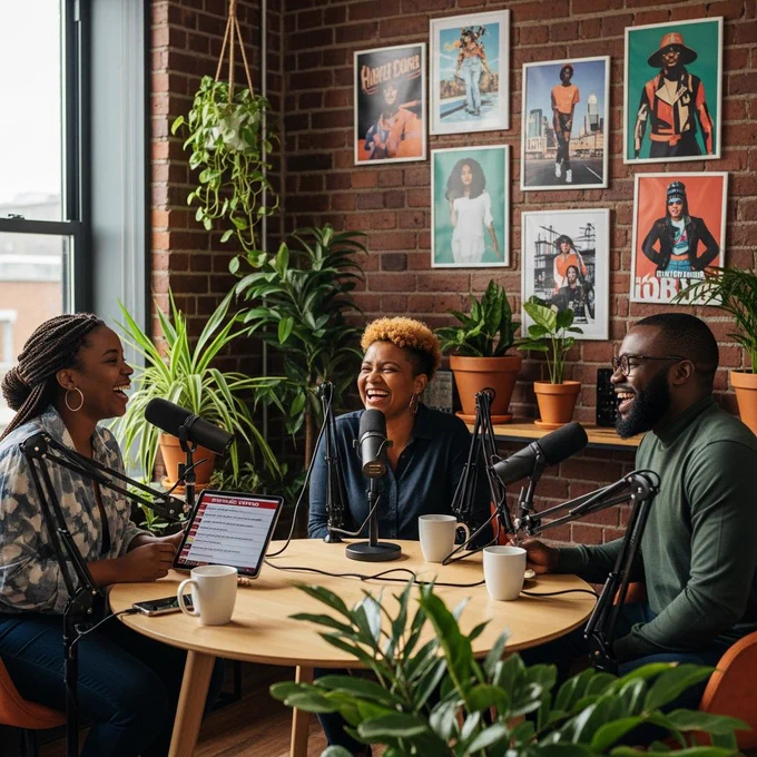 Three African lifestyle podcast hosts sitting in a semi-circle around a small table with coffee mugs and microphones, laughing together while one holds a tablet showing trending topics, in a cozy studio decorated with urban lifestyle posters and indoor plants, lit with natural light from a window.