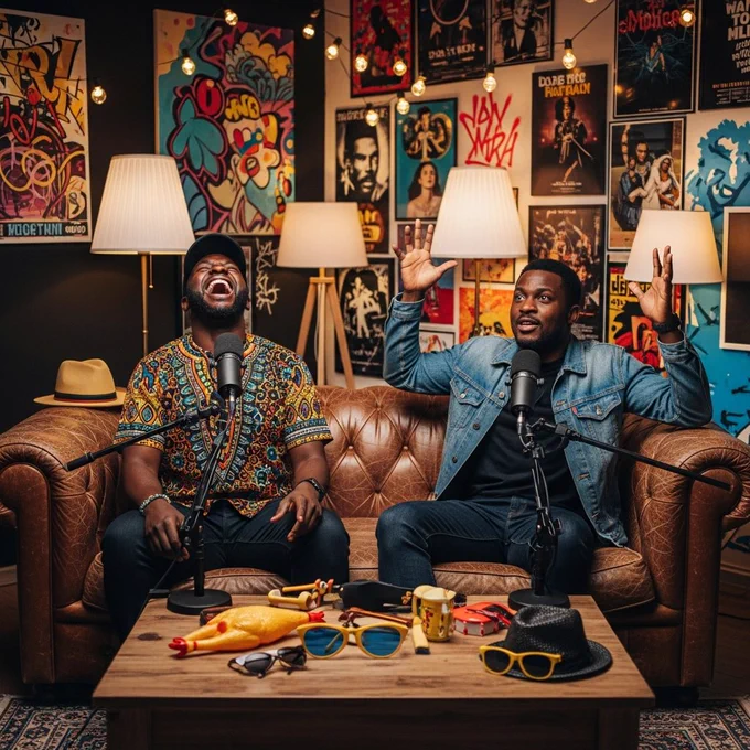 Two comedians hosting a casual entertainment podcast on a cozy couch, surrounded by microphones and fun props, one laughing hysterically while the other mock-gestures dramatically, in a studio decorated with colorful graffiti and posters, lit with soft warm lighting.
