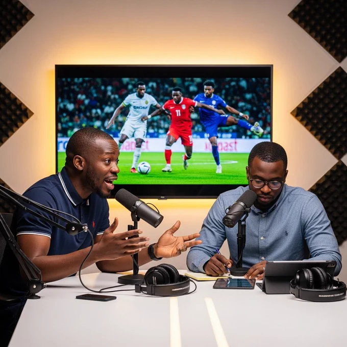 A Nigerian sports podcast with two male hosts sitting at a modern desk, one leaning forward animatedly while gesturing with his hands and the other taking notes, surrounded by microphones, headphones, and a large screen displaying football highlights, in a brightly lit studio.