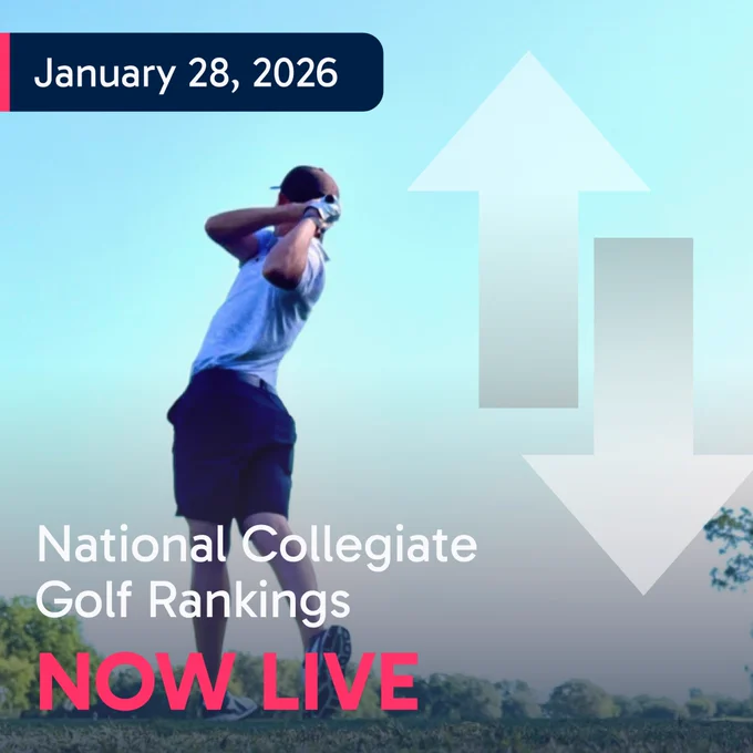 Young man swinging a golf club with up and down arrows to his right and a message saying  National Collegiate Golf Rankings Now Live