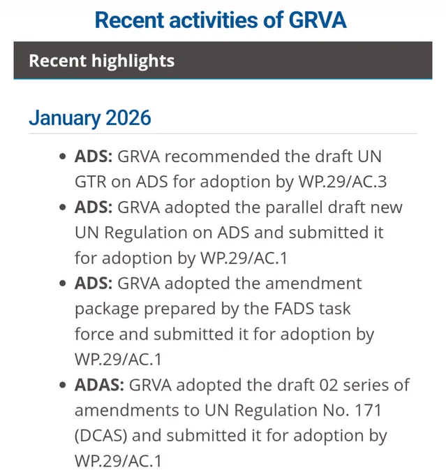 Latest news from the GRVA confirming the ADS and DCAS regulations were approved and will be submitted to the World Forum for their adoption votes.