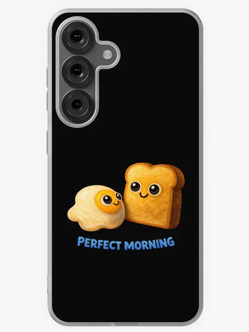 Cute “Perfect Morning” design featuring smiling toast and fried egg characters on black background, shown on phone cases and a hardcover journal, cozy kawaii breakfast aesthetic.