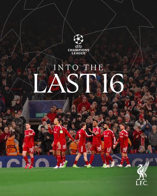 Graphic showcasing that Liverpool have qualified for the UEFA Champions League last 16.