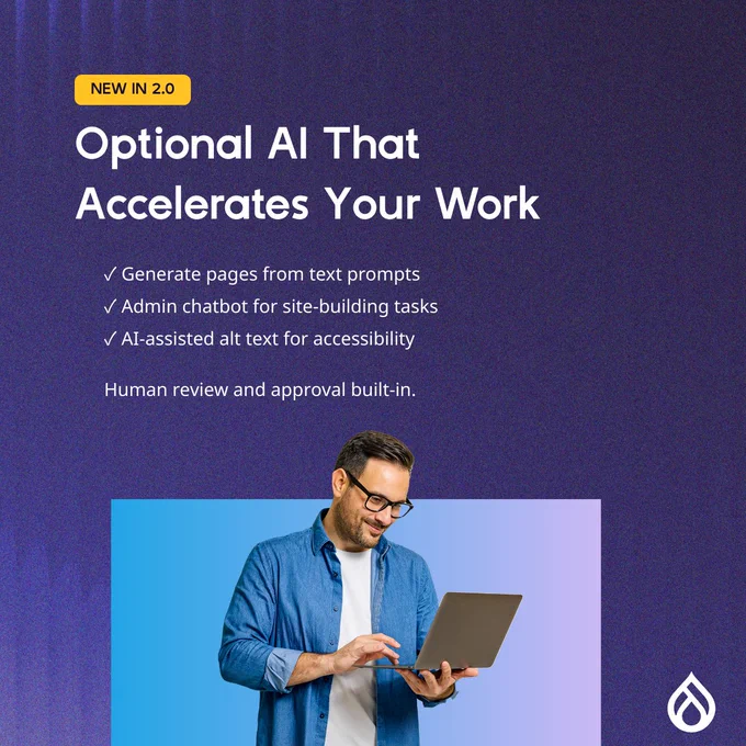 A man using a laptop is set against a gradient background. Text highlights AI tools: page generation, chatbot, alt text creation, and human review.