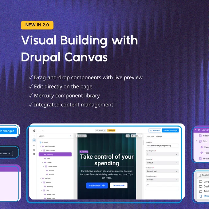 Alt text: "Promotional image for Drupal Canvas 2.0 featuring a dark purple background. Highlights include features like drag-and-drop components, direct editing, and integrated content management. A screenshot shows an intuitive user interface for visual building."