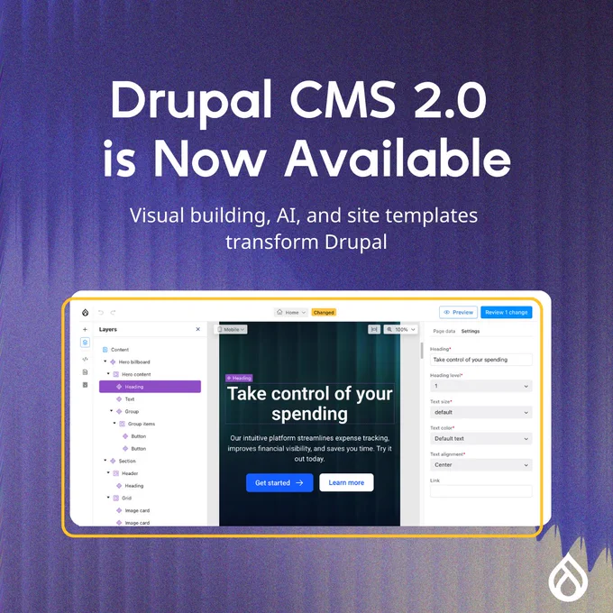 Alt text: "Announcement for Drupal CMS 2.0 on a purple background, showcasing visual building features and AI integration for streamlined site creation."