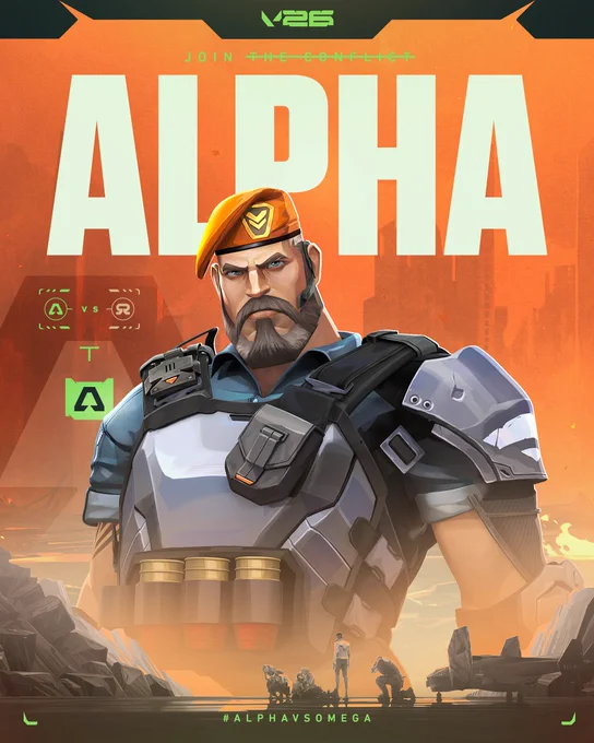 A VALORANT recruitment poster for Team Alpha featuring the agent Brimstone. Brimstone stands against a fiery orange background. The word "ALPHA" is displayed in massive white lettering. Logos at the bottom indicate the conflict between Alpha and Omega Earths.


